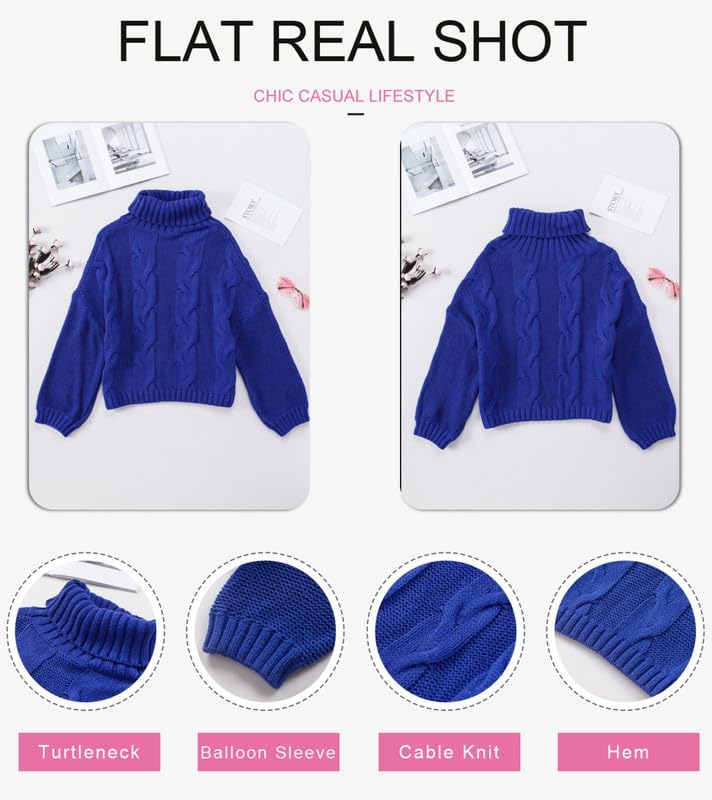 Dokotoo Women Winter Clothes Loose Solid Turtleneck High Neck Long Sleeve Cable Knit Chunky Sweaters Pullover Outerwear Blue S - Image 2
